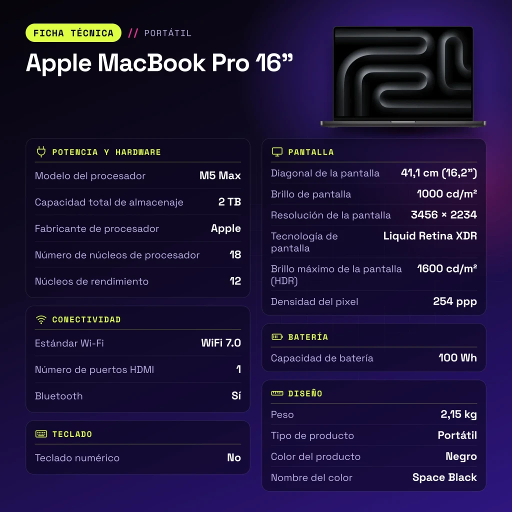 Portátil Apple MacBook Pro 16 polegadas M5 Max CPU 18 e GPU 40 núcleos 48GB/2TB SSD Preto Sideral - características