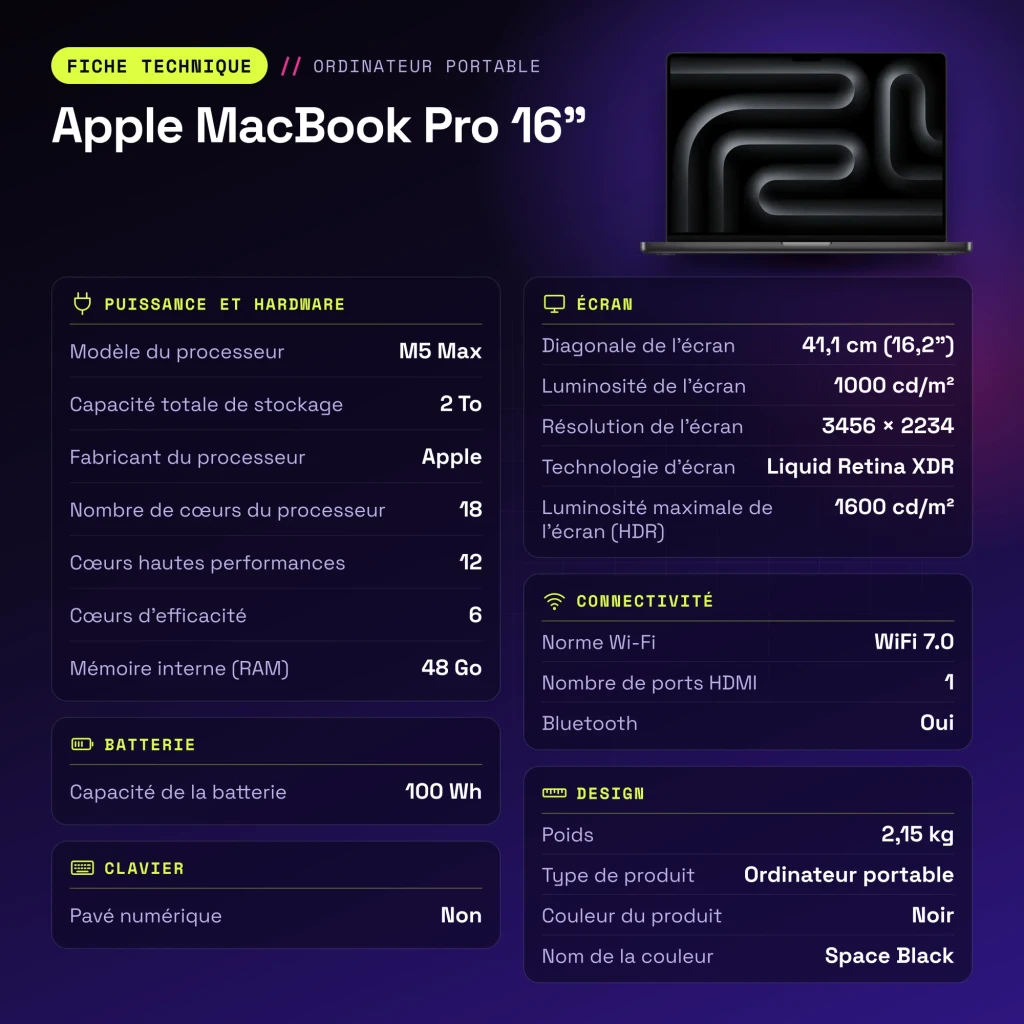 Portátil Apple MacBook Pro 16 polegadas M5 Max CPU 18 e GPU 40 núcleos 48GB/2TB SSD Preto Sideral - características