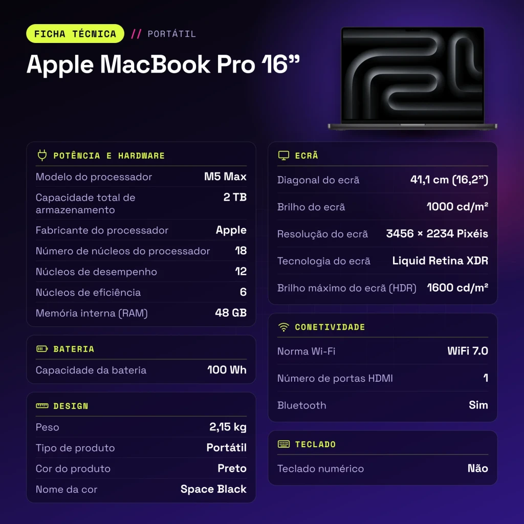 Portátil Apple MacBook Pro 16 polegadas M5 Max CPU 18 e GPU 40 núcleos 48GB/2TB SSD Preto Sideral - características
