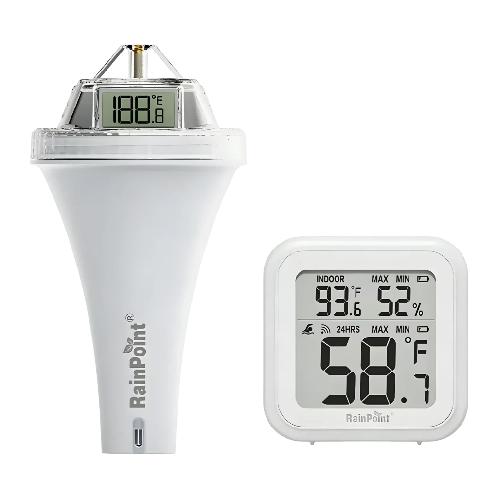 Termómetro de piscina RainPoint Inalámbrico con Receptor Blanco 100m alcance, vista frontal: sonda flotante con pantalla LCD
