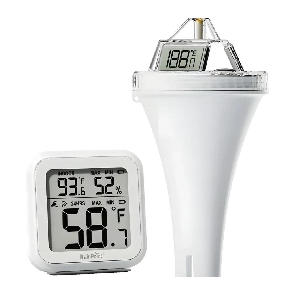 Termómetro de piscina RainPoint Inalámbrico con Receptor Blanco 100m alcance, detalle: pantallas LCD del receptor y sonda