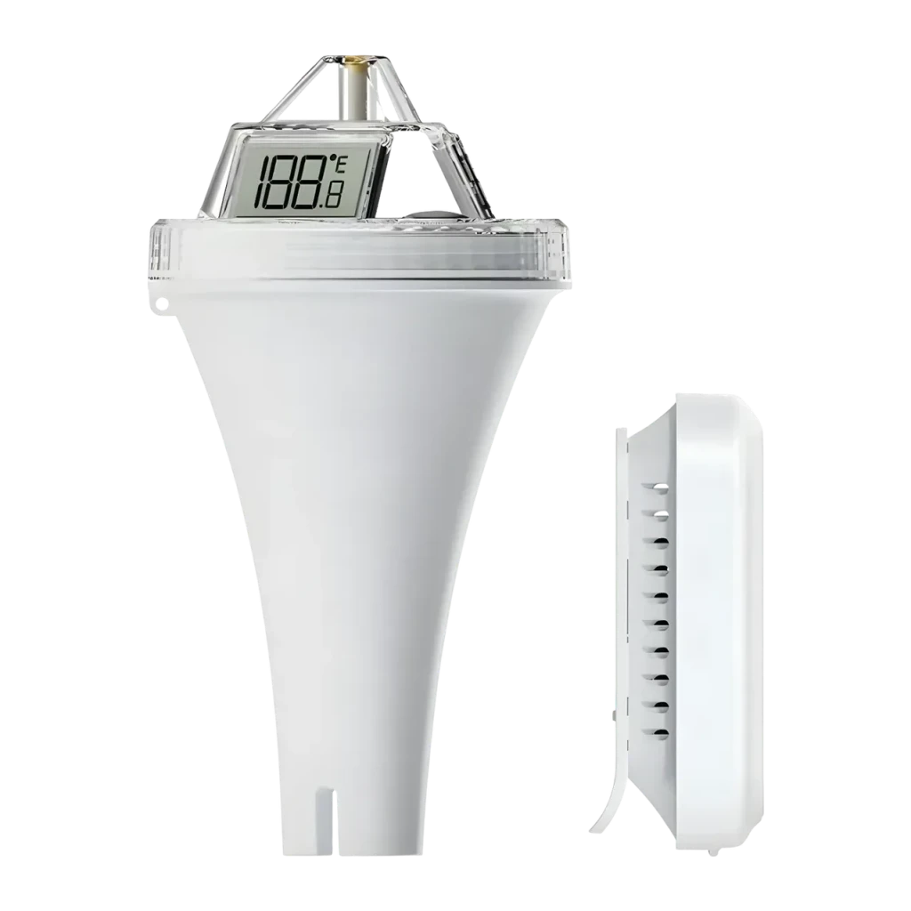 Termómetro de piscina RainPoint Inalámbrico con Receptor Blanco 100m alcance, detalle: sonda flotante con pantalla LCD