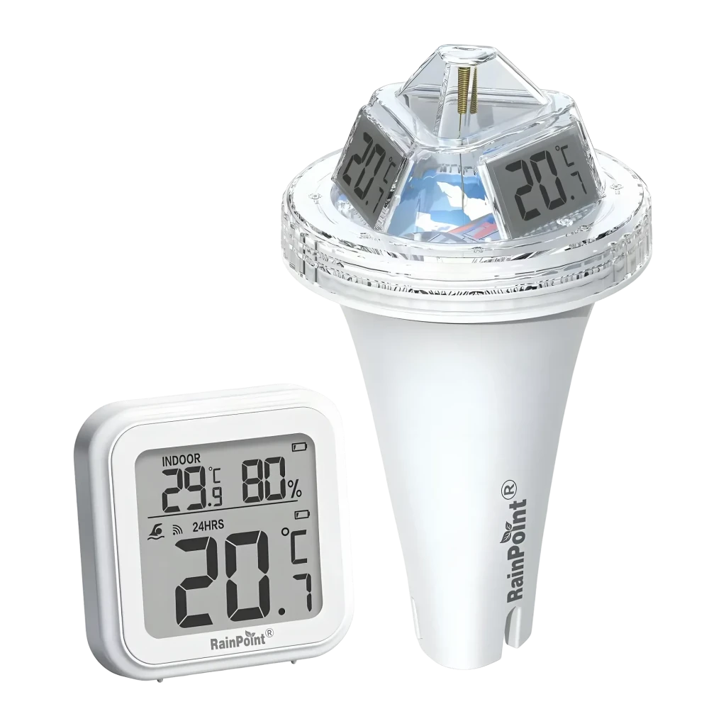 Termómetro de piscina RainPoint Inalámbrico con Receptor Blanco 100m alcance, detalle: sonda flotante con pantalla multifaz