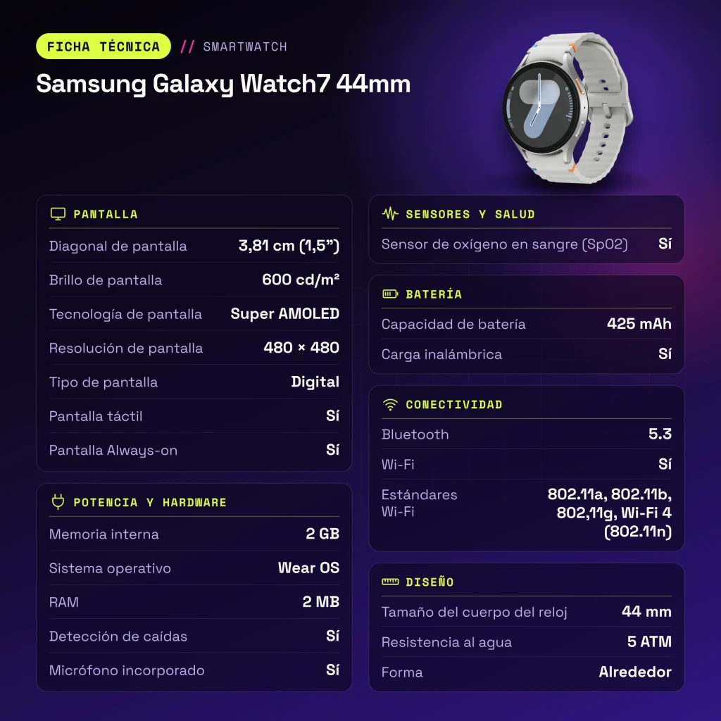 Samsung Galaxy Watch7 44mm Argent LTE - caractéristiques