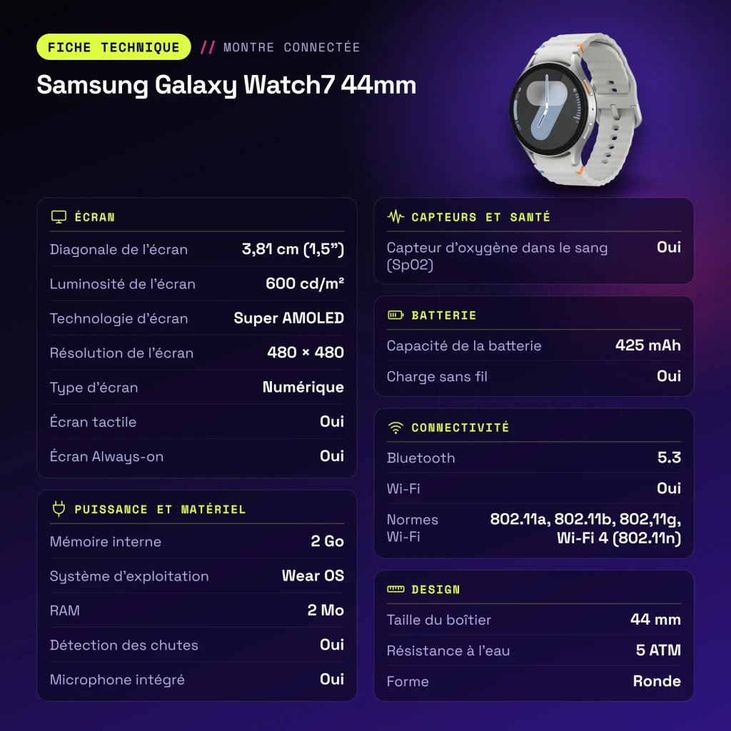 Samsung Galaxy Watch7 44mm Argent LTE - caractéristiques