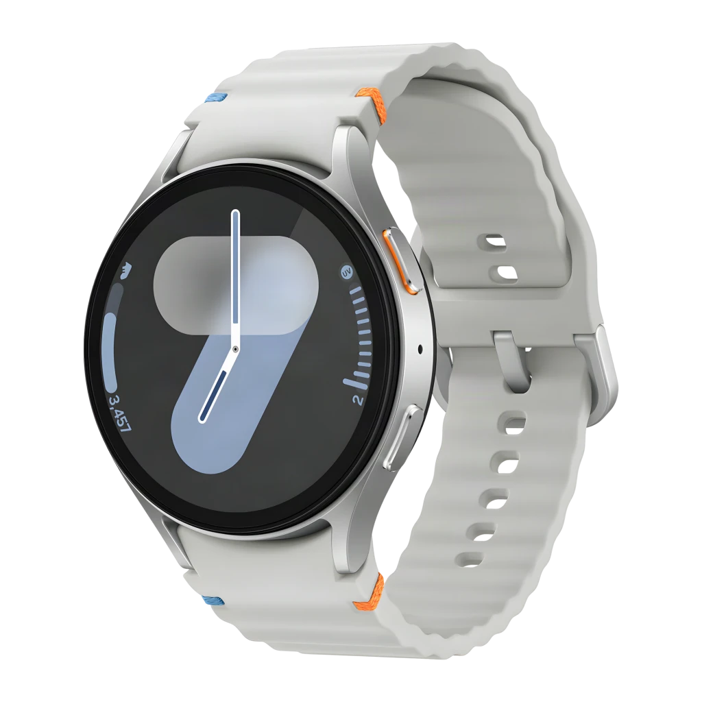 Samsung Galaxy Watch7 44mm Argent LTE, vue de face: cadran rond avec bracelet gris et accents orange et bleu