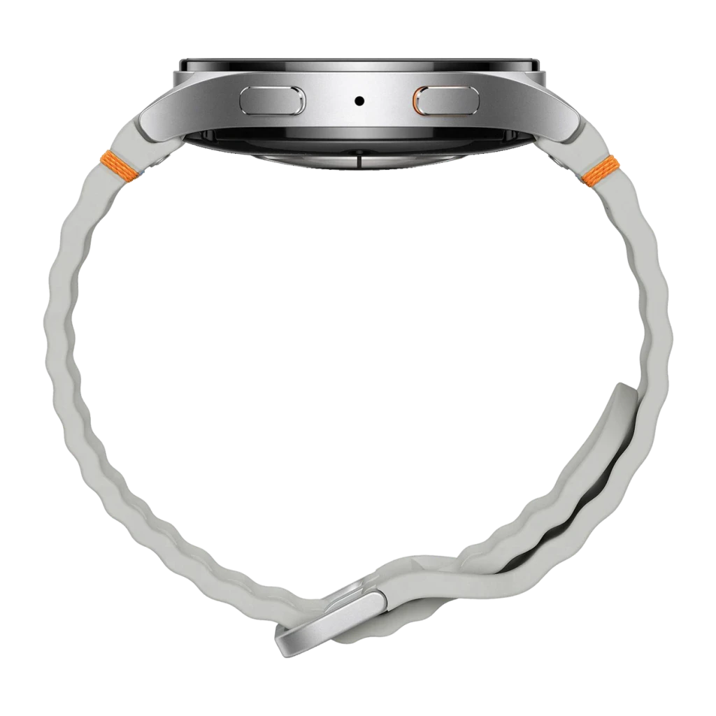 Samsung Galaxy Watch7 44mm Argent LTE, détail latéral: boîtier argenté, boutons et bracelet ondulé gris avec accent orange