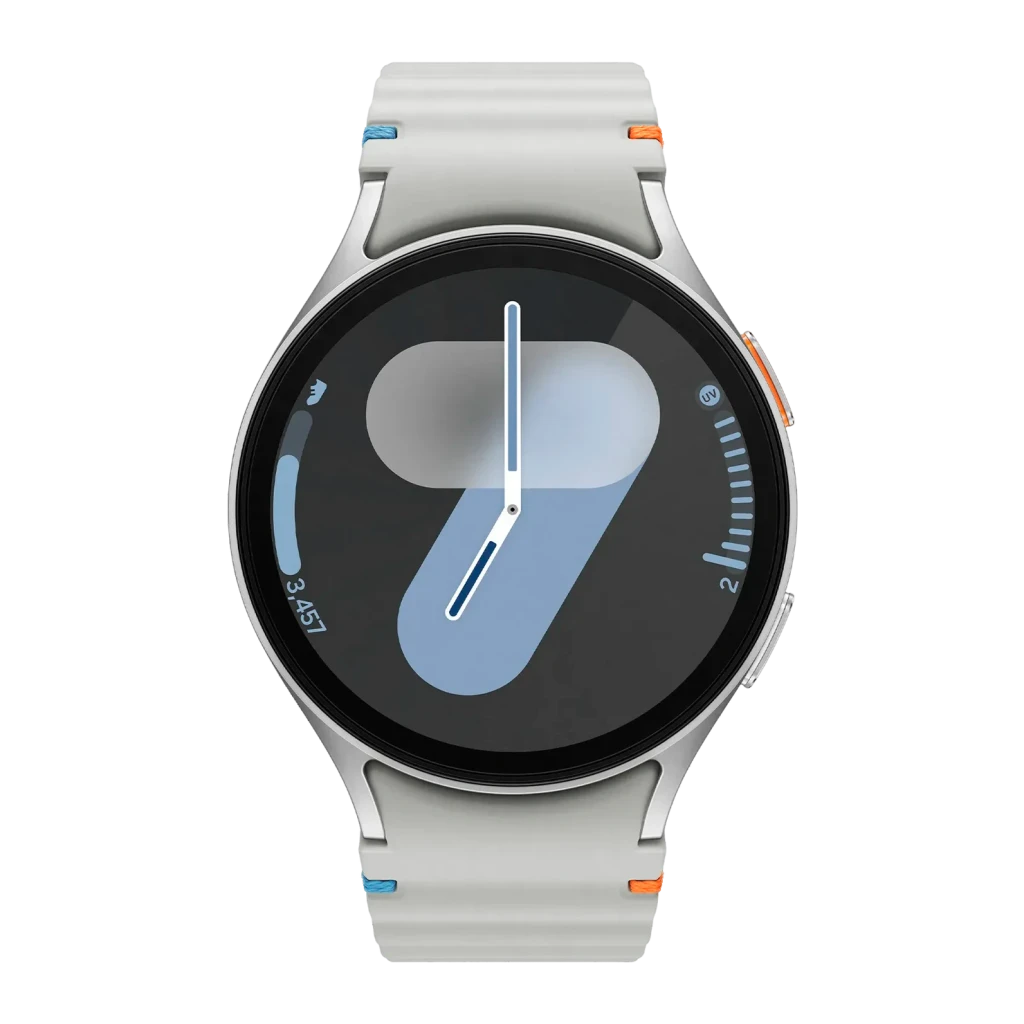 Samsung Galaxy Watch7 44mm Argent LTE, détail: cadran frontal avec chiffre 7 en bleu, bracelet gris et accents orange et bleu