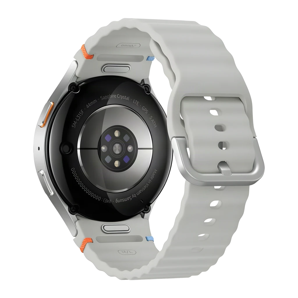 Samsung Galaxy Watch7 44mm Argent LTE, vue arrière: capteur de santé circulaire, bracelet gris avec accents orange et bleu