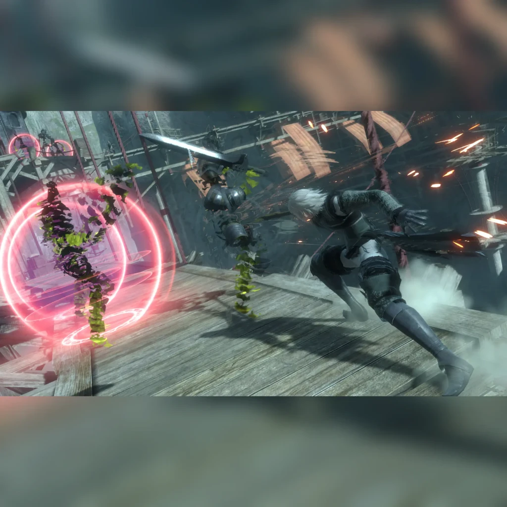 Videojuego Square Enix NieR Replicant ver.1.22474487139... PS4, en uso: protagonista esquivando enemigo con anillo rosa