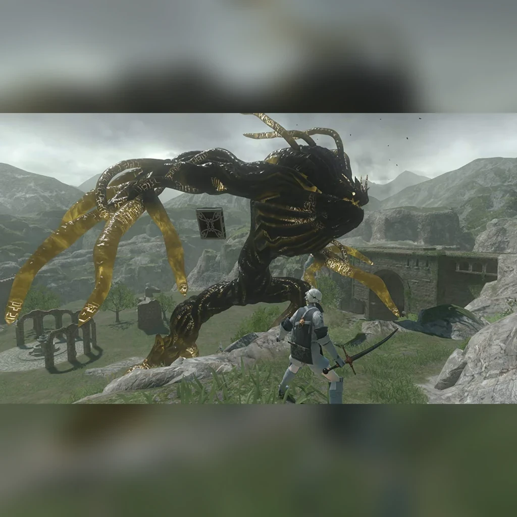 Videojuego Square Enix NieR Replicant ver.1.22474487139... PS4, en uso: protagonista enfrenta enorme bestia negra y dorada