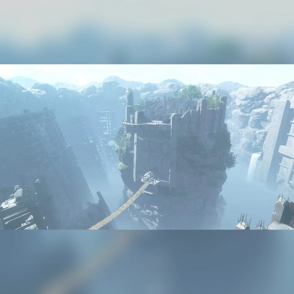 Videojuego Square Enix NieR Replicant ver.1.22474487139... PS4, en uso: ruinas flotantes con puente colgante