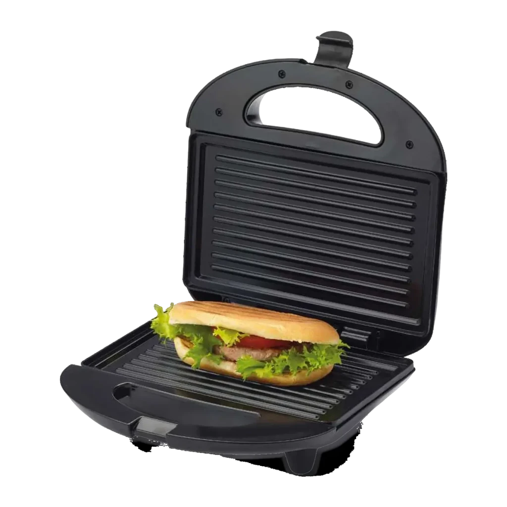 Sandwichera Ariete Toast & Grill Easy 750W Negro/Acero inoxidable 1980/00, detalle: placas acanaladas abiertas con sándwich
