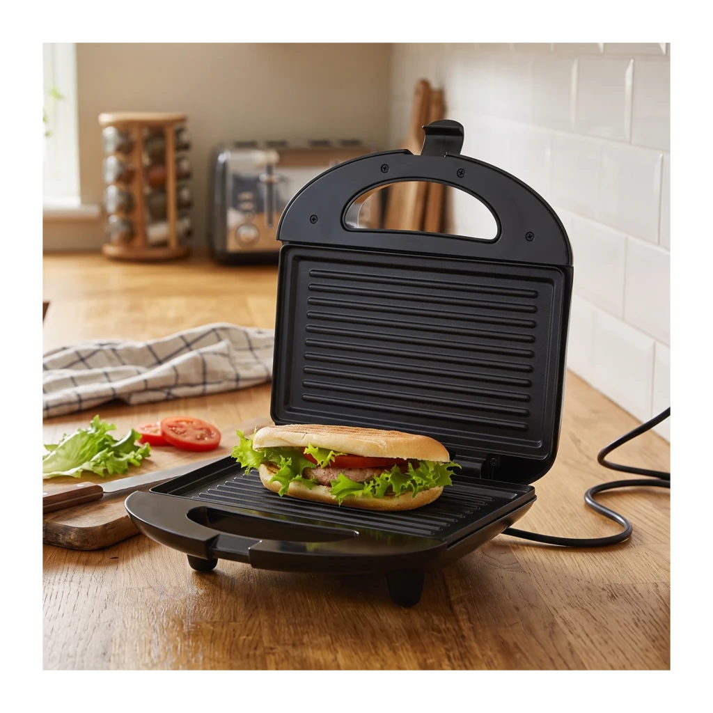 Sandwichera Ariete Toast & Grill Easy 750W Negro/Acero inoxidable 1980/00, en uso: abierta con sándwich en placas grill