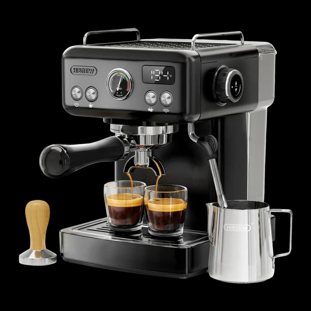 Cafetière Espresso HiBREW H10A 1,8L Buse Vapeur 19Bar Noir, vue de face: écran digital, manomètre, porte-filtre double