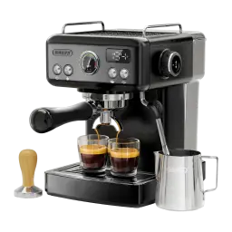 Cafetière Espresso HiBREW H10A 1,8L Buse Vapeur 19Bar Noir, vue de face: écran digital, manomètre, porte-filtre double