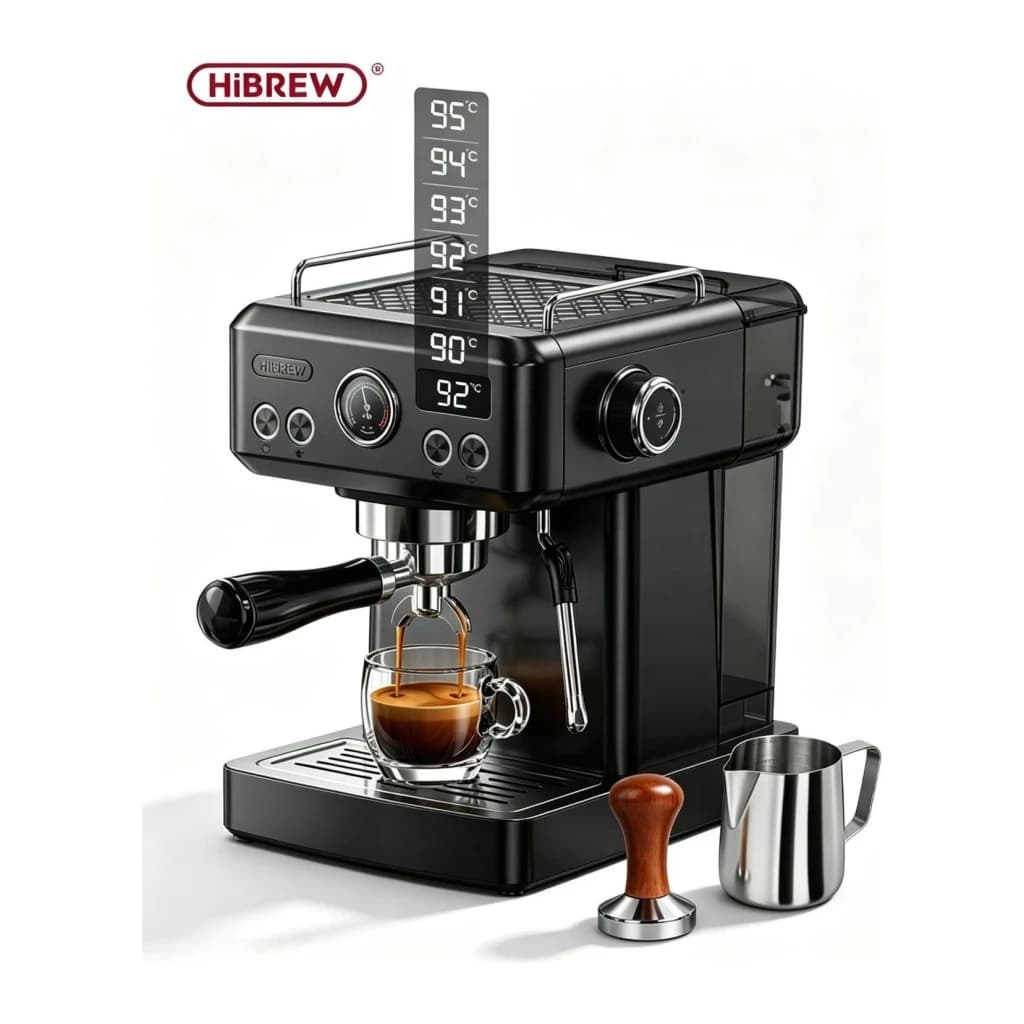 Cafetière Espresso HiBREW H10A 1,8L Buse Vapeur 19Bar Noir, vue avant: extraction en tasse, tamper et pichet, affichage