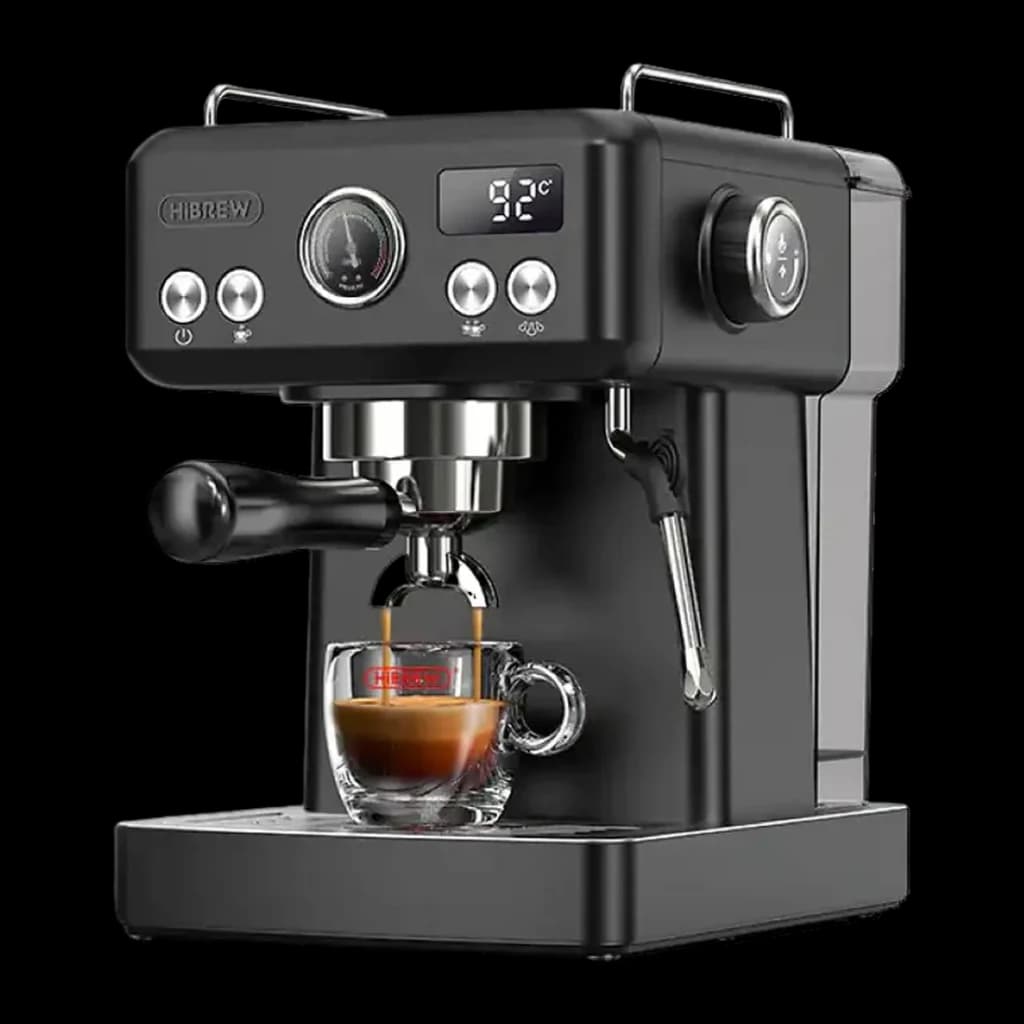 Cafetière Espresso HiBREW H10A 1,8L Buse Vapeur 19Bar Noir, détail: extraction en tasse avec affichage 92°C et manomètre