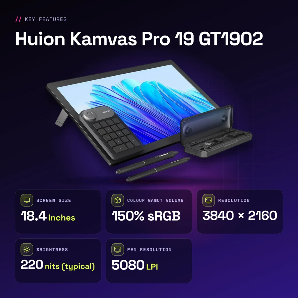 Tableta gráfica Huion Kamvas Pro 19 Gris Oscuro con Pantalla 18,4 pulgadas 4K UHD IPS GT1902 - características