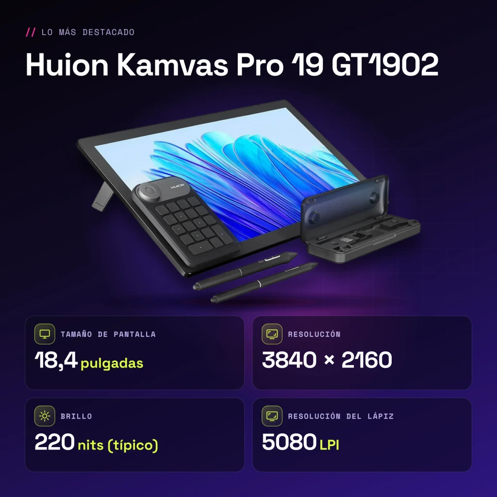 Tableta gráfica Huion Kamvas Pro 19 Gris Oscuro con Pantalla 18,4 pulgadas 4K UHD IPS GT1902 - características