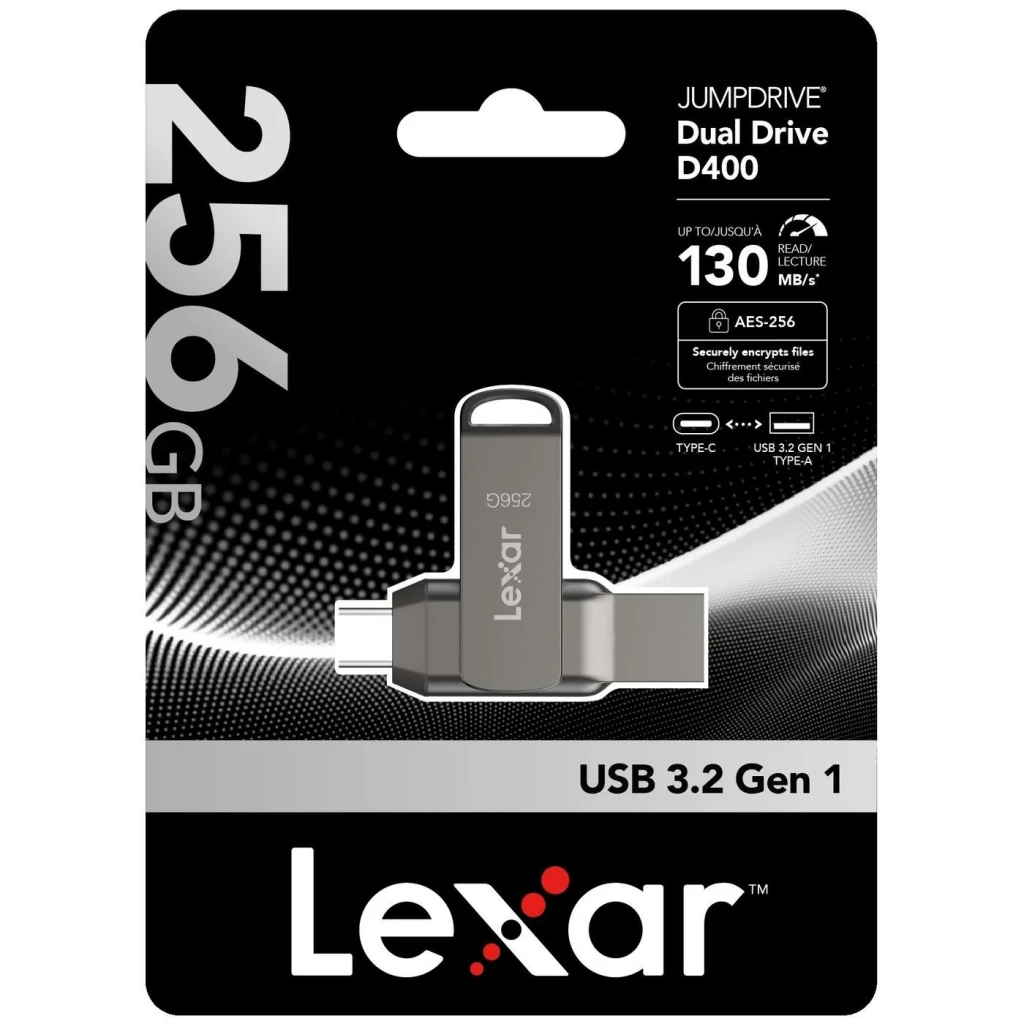 Clé USB Lexar JumpDrive Dual Drive D400 256Go USB-C + USB-A USB 3.1 Gris, contenu boîte: blister noir avec double connecteur