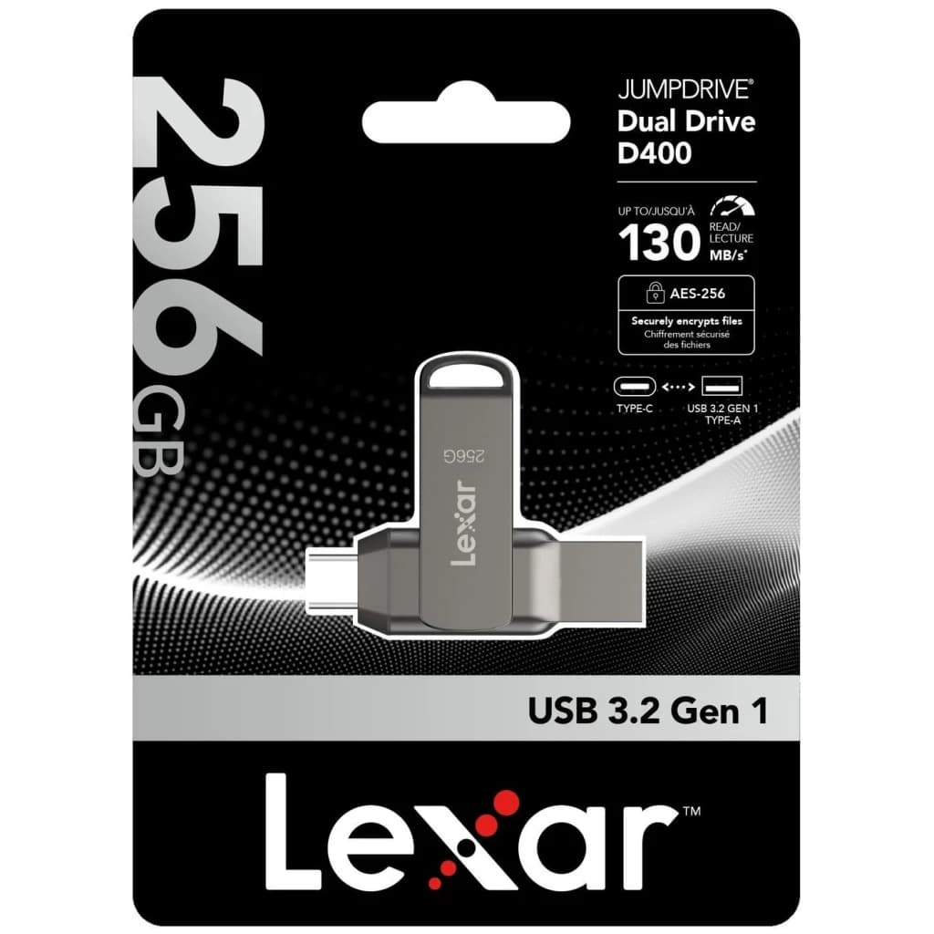 Clé USB Lexar JumpDrive Dual Drive D400 256Go USB-C + USB-A USB 3.1 Gris, contenu boîte: blister noir avec double connecteur