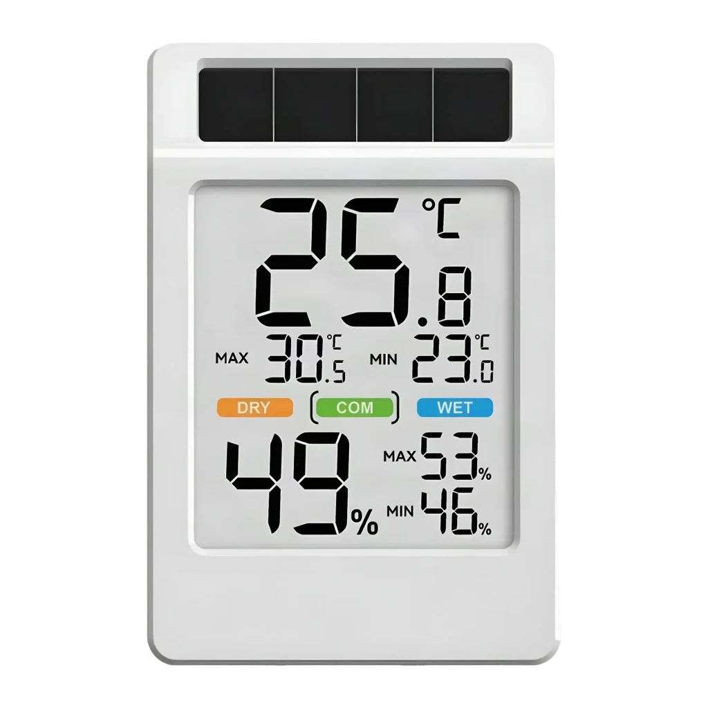 Termohigrómetro BaldrTherm Temperatura e Humidade Branco B0590TH-V6, frontal: ecrã LCD com temperatura 25,8°C, humidade 49%