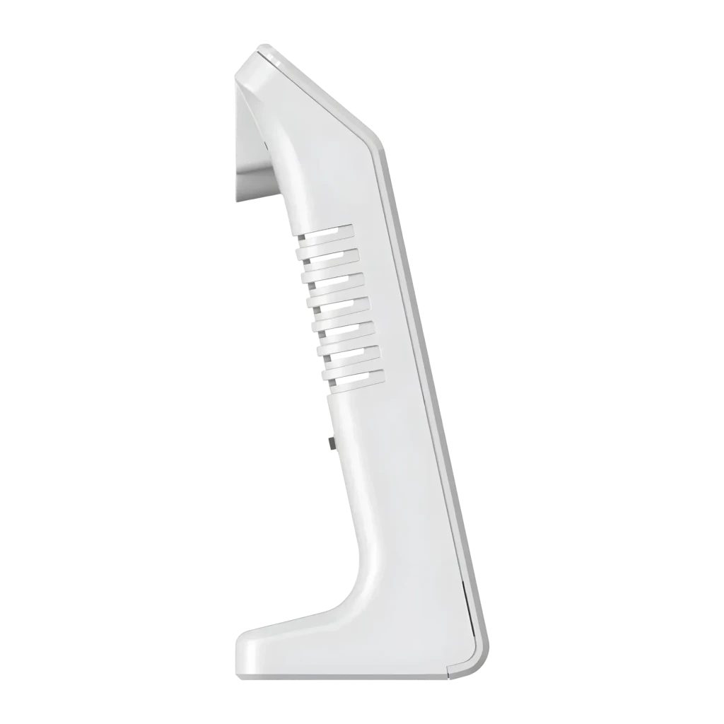 Termohigrómetro BaldrTherm Temperatura e Humidade Branco B0590TH-V6, vista lateral: perfil fino, suporte dobrável e grelhas
