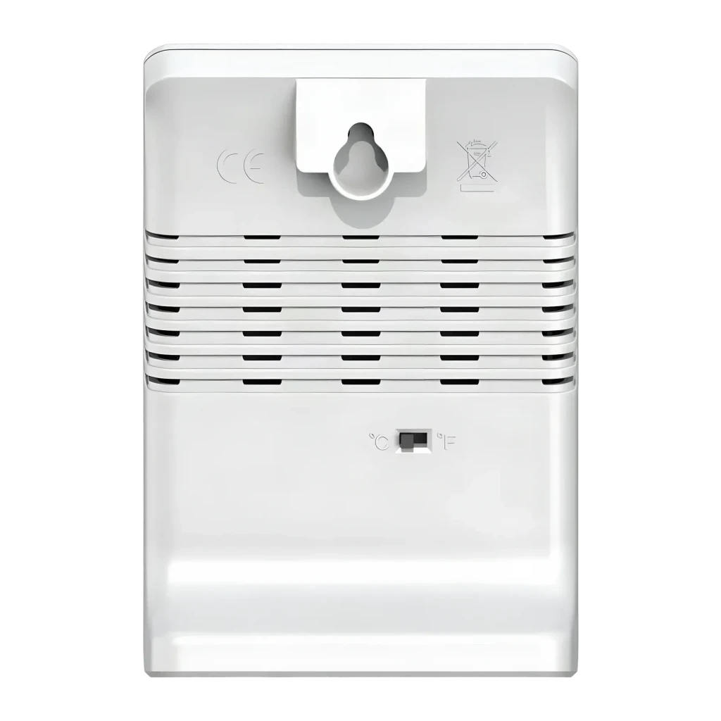 Termohigrómetro BaldrTherm Temperatura e Humidade Branco B0590TH-V6, vista traseira: grelhas de ventilação, gancho de parede