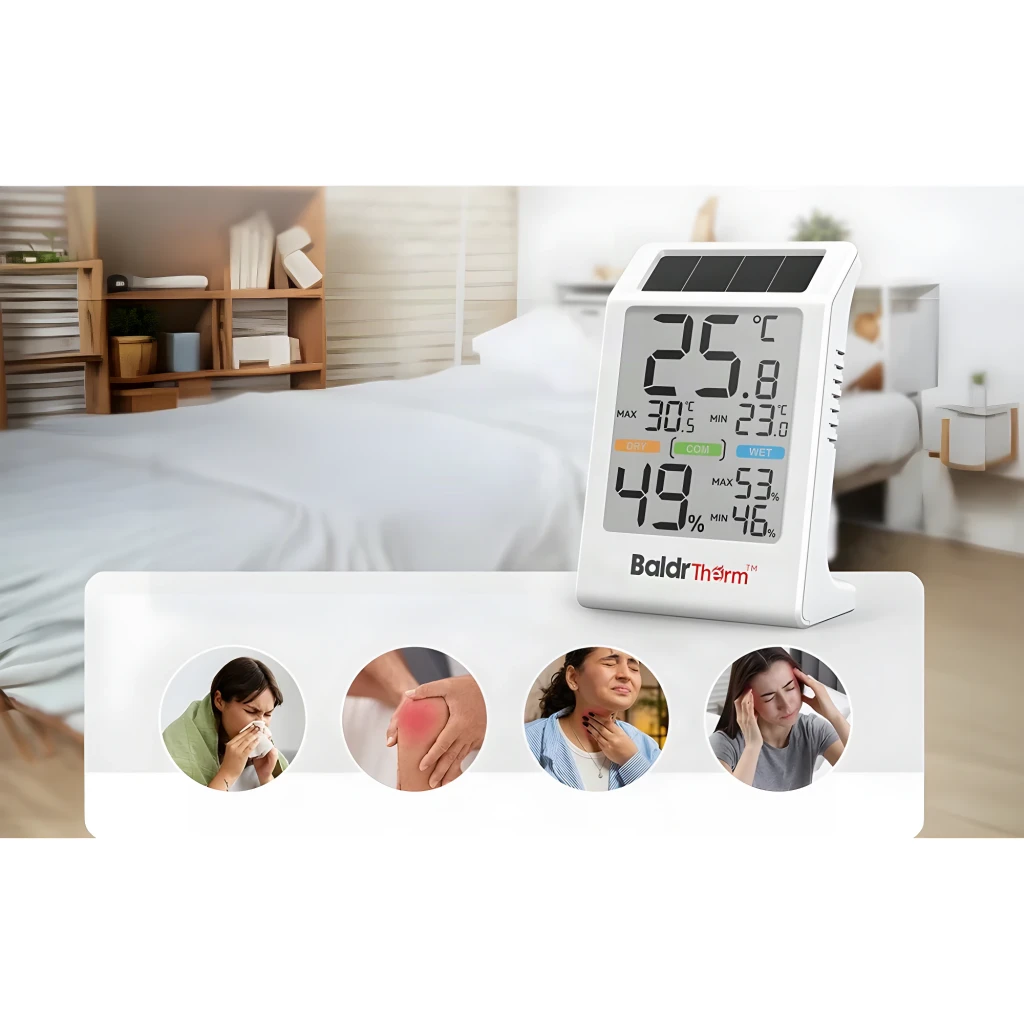 Termohigrómetro BaldrTherm Temperatura e Humidade Branco B0590TH-V6, em quarto: ecrã frontal visível com ícones de saúde