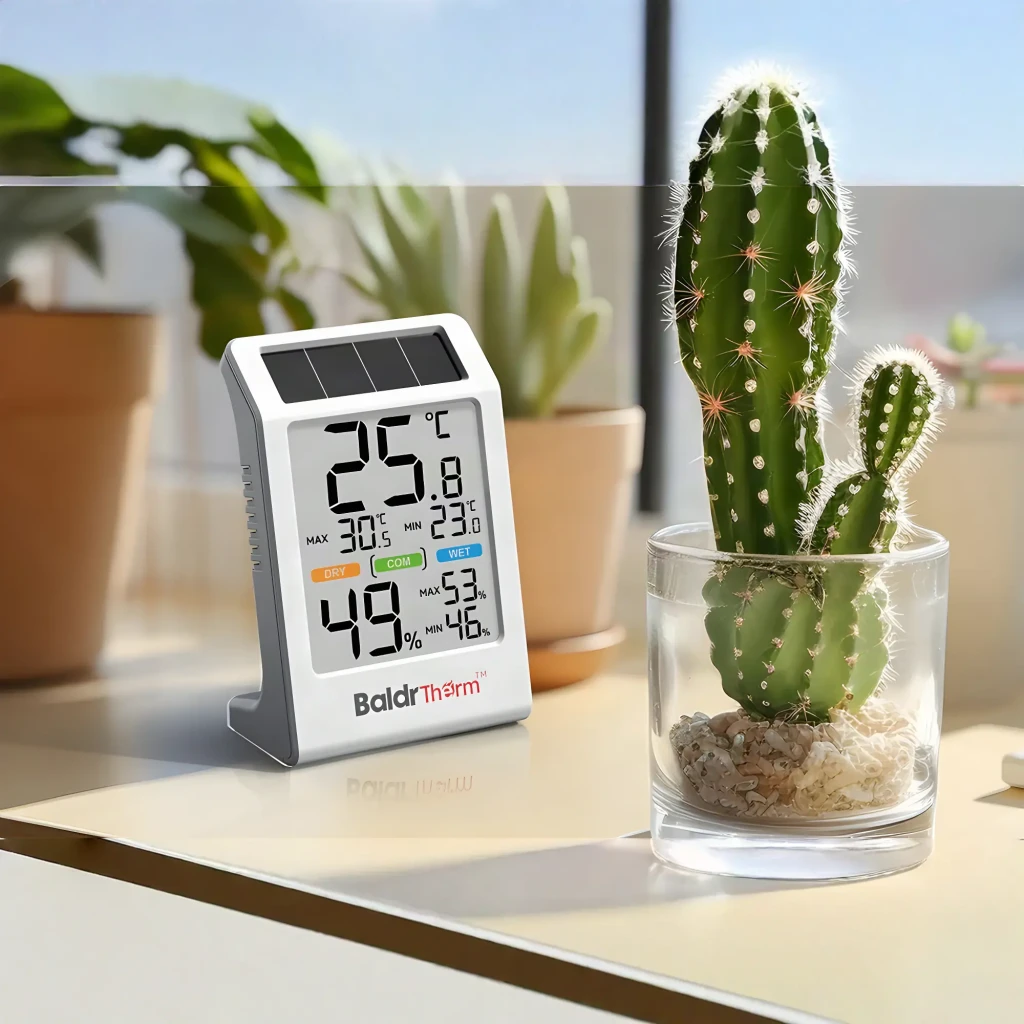 Termohigrómetro BaldrTherm Temperatura e Humidade Branco B0590TH-V6, em uso: apoiado em mesa junto a cacto em interior