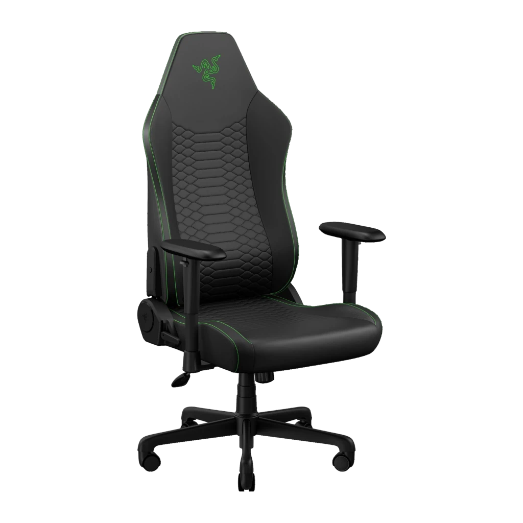 Siège Gaming Razer Iskur V2 X NewGen Noir Tissu Respirant 2D 136kg, vue de face: dossier hexagonal avec coutures vertes