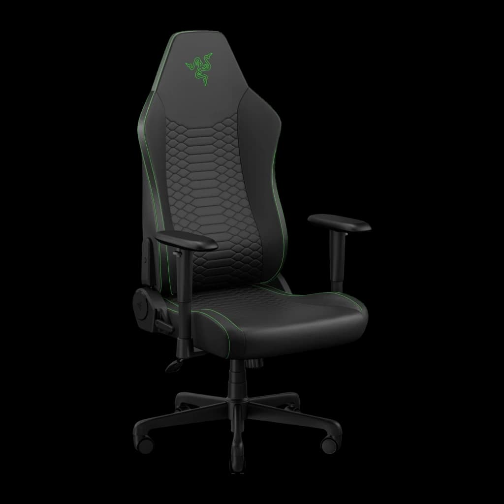 Siège Gaming Razer Iskur V2 X NewGen Noir Tissu Respirant 2D 136kg, vue de face: dossier hexagonal avec coutures vertes