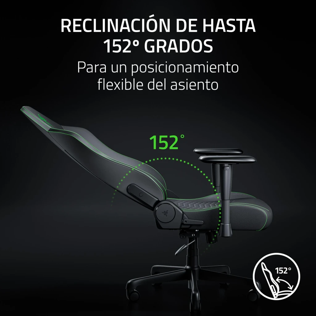 Siège Gaming Razer Iskur V2 X NewGen Noir Tissu Respirant 2D 136kg, vue latérale: inclinaison jusqu'à 152° avec arc vert