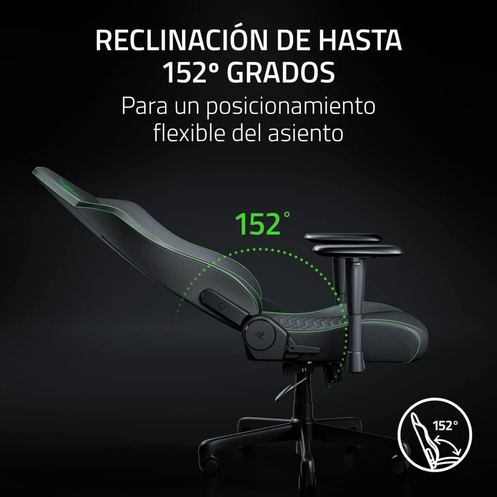 Siège Gaming Razer Iskur V2 X NewGen Noir Tissu Respirant 2D 136kg, vue latérale: inclinaison jusqu'à 152° avec arc vert