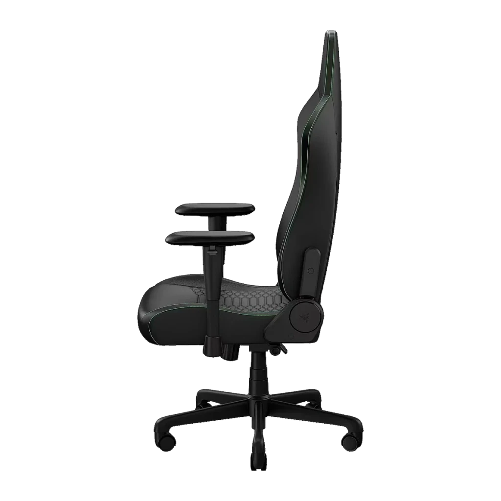 Siège Gaming Razer Iskur V2 X NewGen Noir Tissu Respirant 2D 136kg, détail latéral: profil complet avec accoudoir 2D, tissu