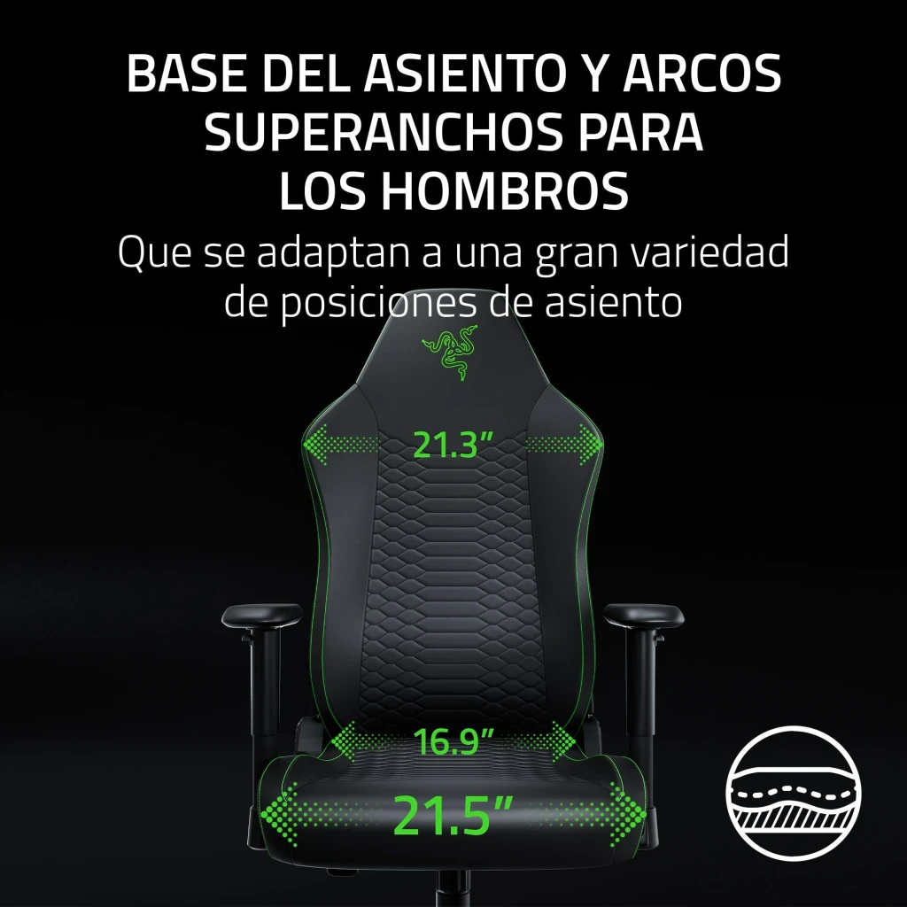 Siège Gaming Razer Iskur V2 X NewGen Noir Tissu Respirant 2D 136kg, face avant: dimensions assise 21.5" et arceaux épaules
