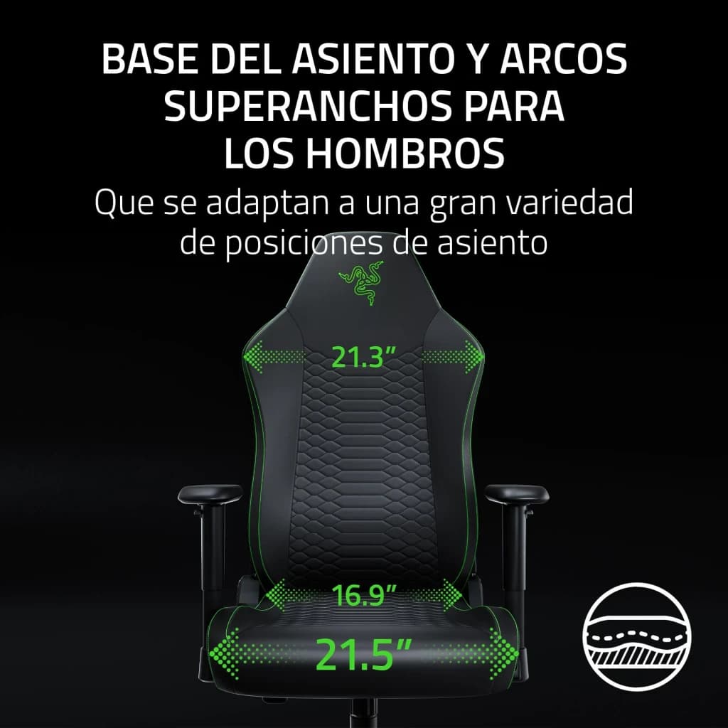 Siège Gaming Razer Iskur V2 X NewGen Noir Tissu Respirant 2D 136kg, face avant: dimensions assise 21.5" et arceaux épaules