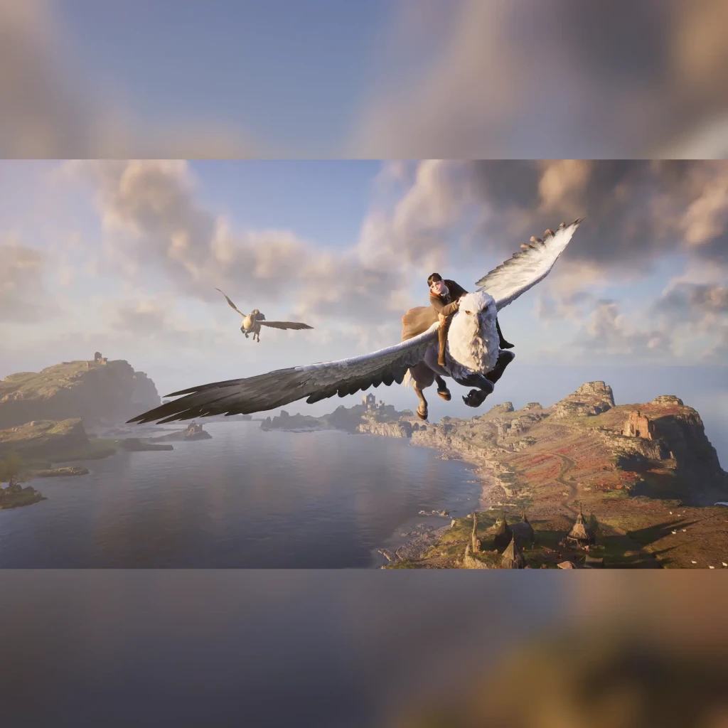 Videojogo Warner Bros Games Hogwarts Legacy Standard Xbox Series X, em uso: personagem montando um hipogrifo sobre paisagem