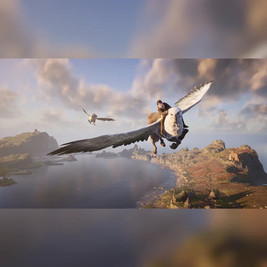 Videojogo Warner Bros Games Hogwarts Legacy Standard Xbox Series X, em uso: personagem montando um hipogrifo sobre paisagem