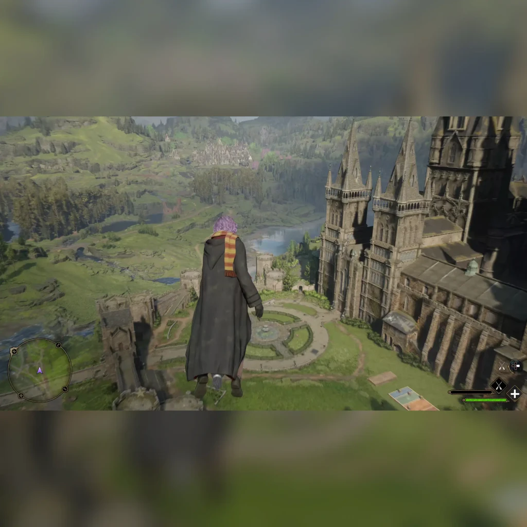 Videojogo Warner Bros Games Hogwarts Legacy Standard Xbox Series X em uso: personagem de túnica no topo do castelo com vale