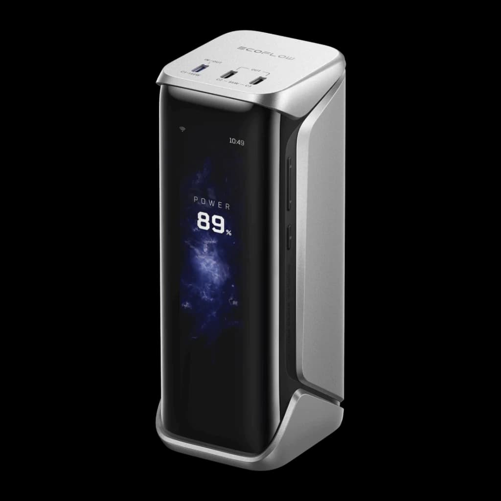 Batterie externe EcoFlow RAPID Pro X 27650mAh Argent Câble USB-C intégré 300W, vue de face: écran tactile affichant 89%