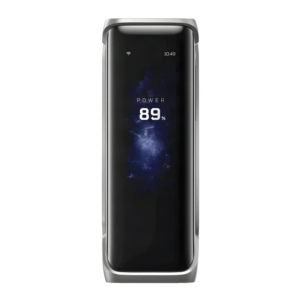 Batterie externe EcoFlow RAPID Pro X 27650mAh Argent Câble USB-C intégré 300W, détail: écran OLED frontal affichant 89%