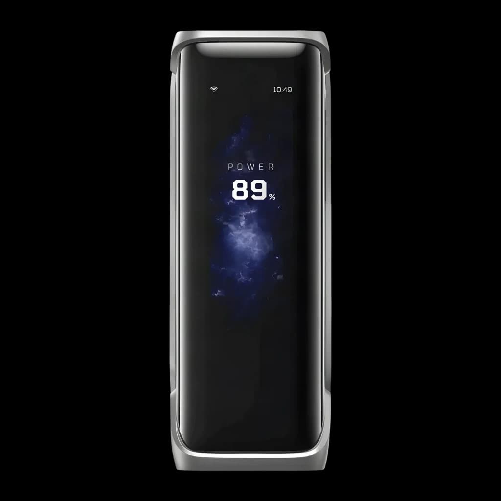 Batterie externe EcoFlow RAPID Pro X 27650mAh Argent Câble USB-C intégré 300W, détail: écran OLED frontal affichant 89%