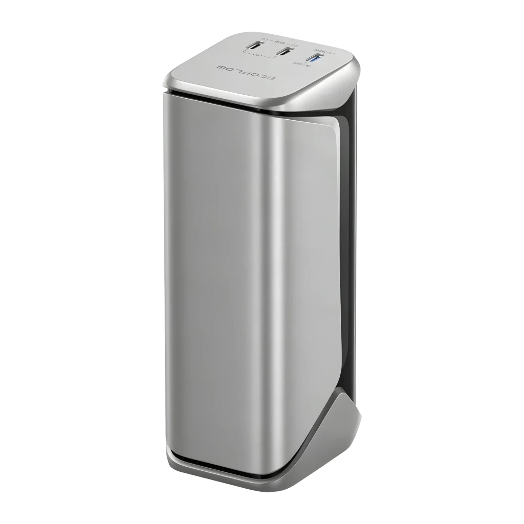 Batterie externe EcoFlow RAPID Pro X 27650mAh Argent Câble USB-C intégré 300W, vue arrière: ports USB-C et USB-A