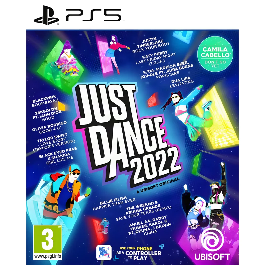 Videojogo Ubisoft Just Dance 2022 Edição Standard PS5, vista frontal: capa com dançarinos e lista de músicas visível