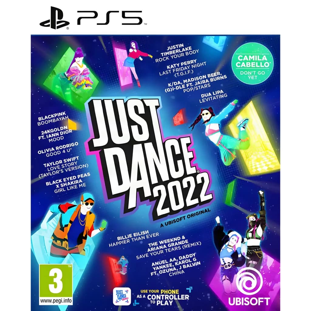 Videojogo Ubisoft Just Dance 2022 Edição Standard PS5, vista frontal: capa com dançarinos e lista de músicas visível