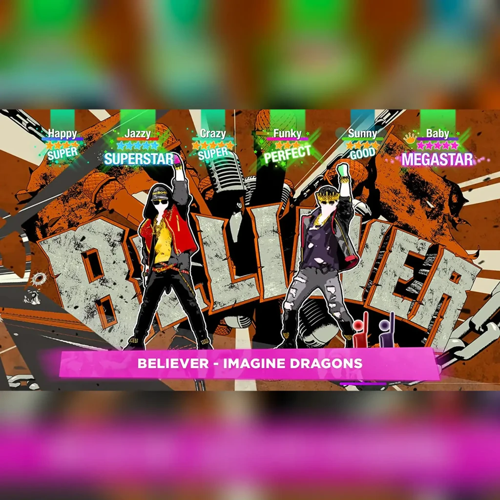 Videojogo Ubisoft Just Dance 2022 Edição Standard PS5, em uso: gameplay de Believer Imagine Dragons com 3 avatares a dançar