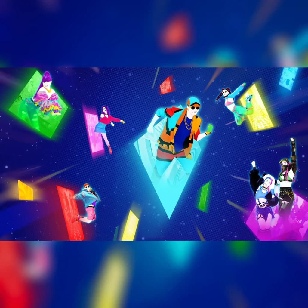 Videojogo Ubisoft Just Dance 2022 Edição Standard PS5, em uso: personagens animados a dançar em fundo azul com portais