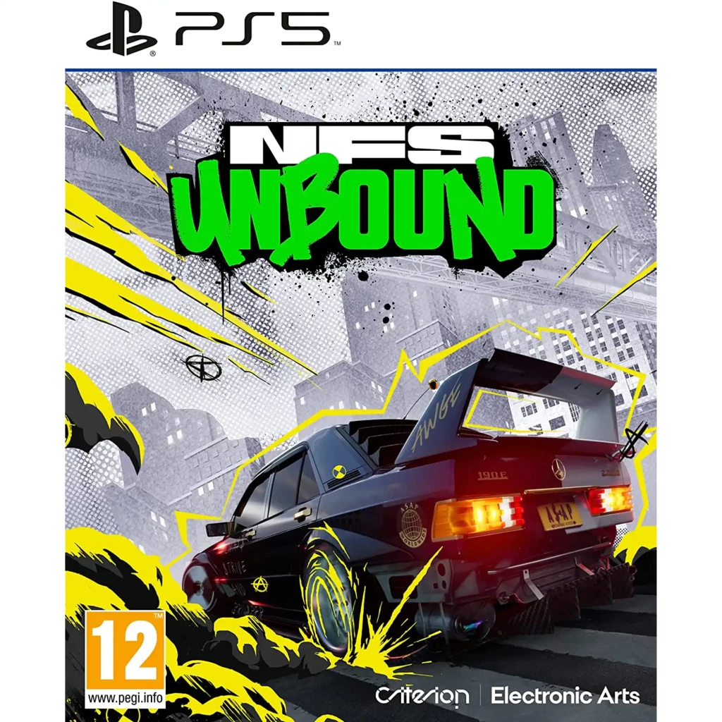 Jeu vidéo EA Games Need for Speed Unbound Standard PS5, vue de face: pochette avec voiture tuning et logo NFS Unbound